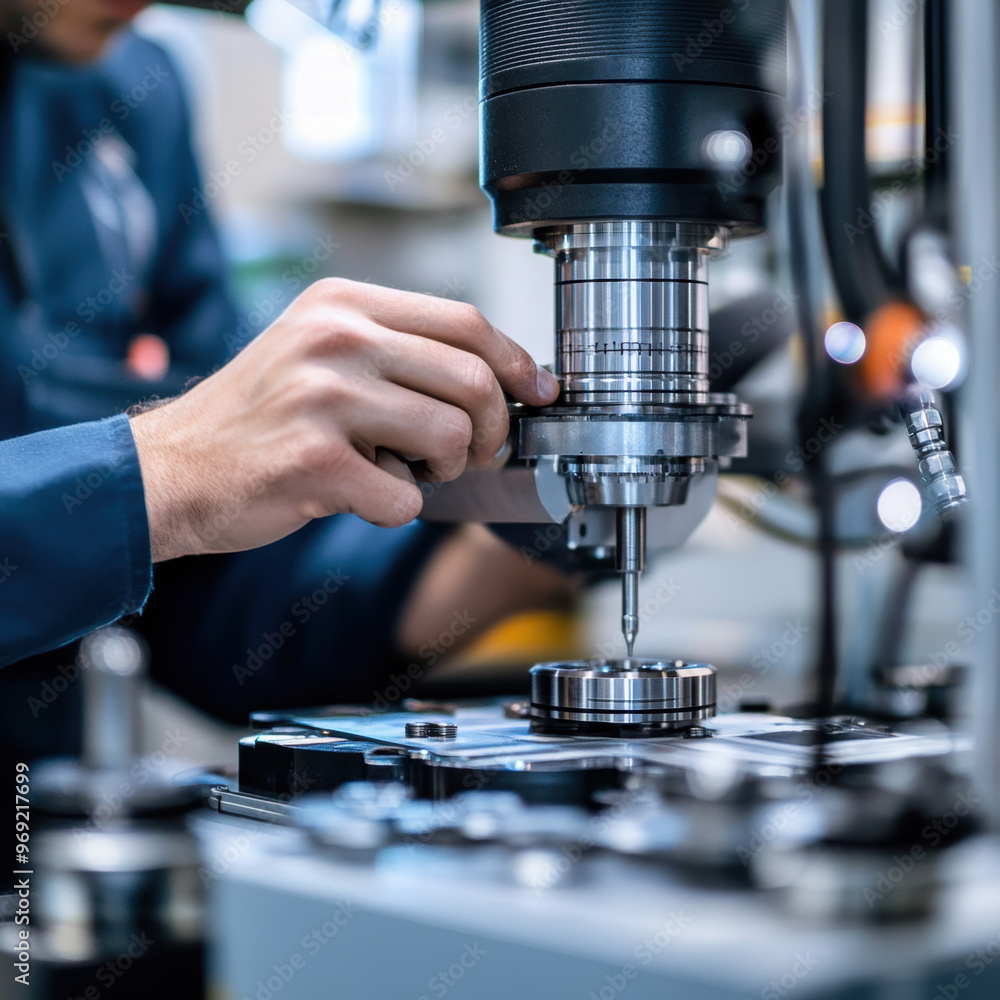 Poster engineer performing calibration checks on manufacturing machine, ensuring precision and quality in p