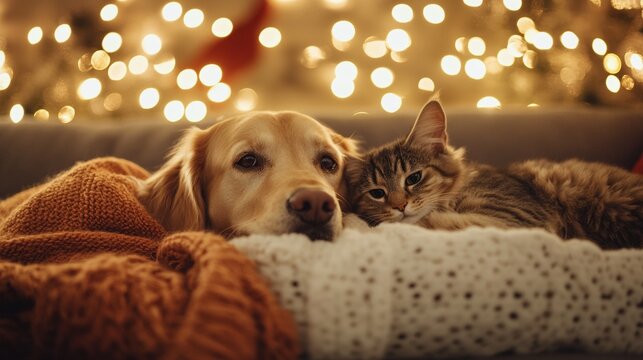 Two beloved pets a golden retriever and a tabby cat snuggling together on a cozy couch surrounded by the warm glow of festive holiday lights