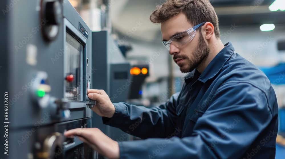 Poster engineer performing calibration checks on manufacturing machine, focused and precise in factory sett
