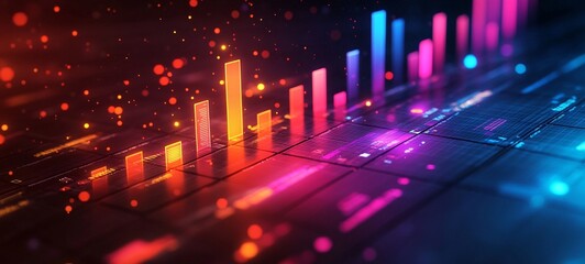 Colorful Dynamic Financial Data Analytics and Visualization with Glowing Neon Bar and Line Charts Representing Market Trends and Business Performance Indicators
