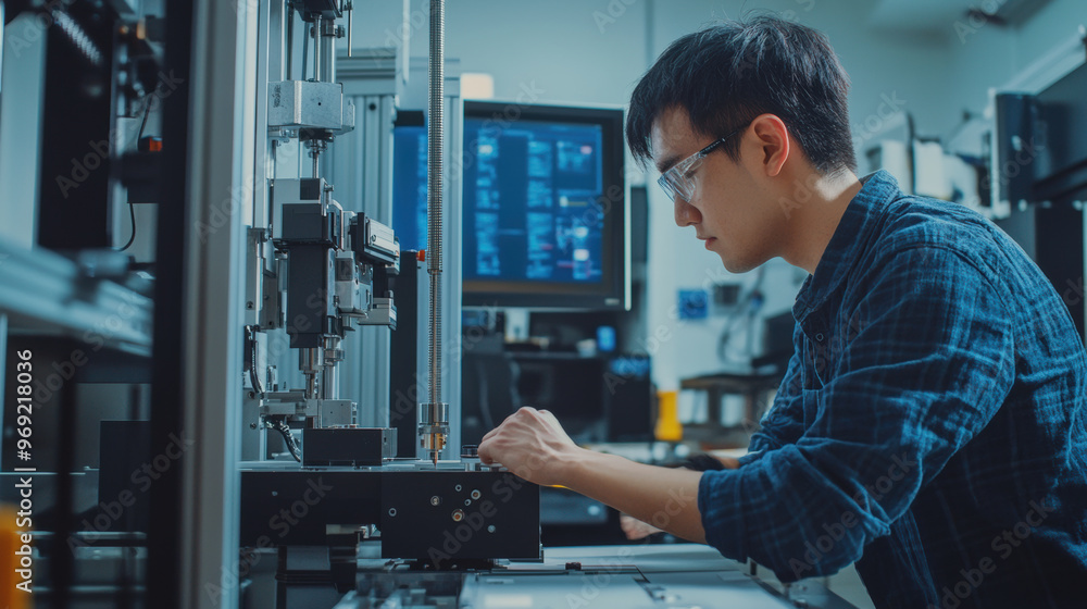 Poster engineer performing calibration checks on manufacturing machine, focused on precision and accuracy i