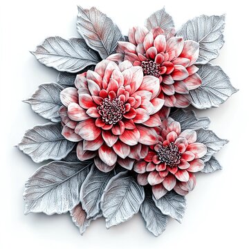 A detailed floral design featuring vibrant red flowers and lush green leaves, perfect for art and decoration.