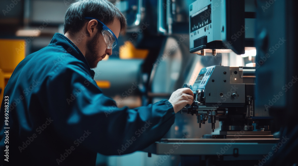 Poster engineer performing calibration checks on manufacturing machine, showcasing precision and focus in m