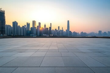 Obraz premium Empty square floors and city skyline with modern buildings in Chongqing at sunrise with generative ai