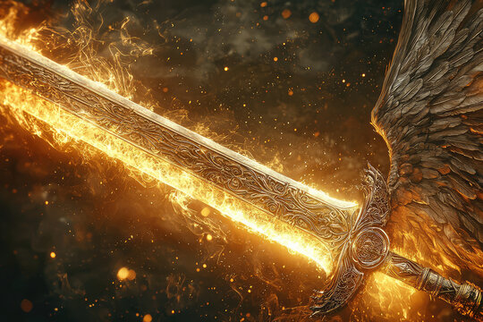 A close up of glowing sword with intricate designs and fiery effects