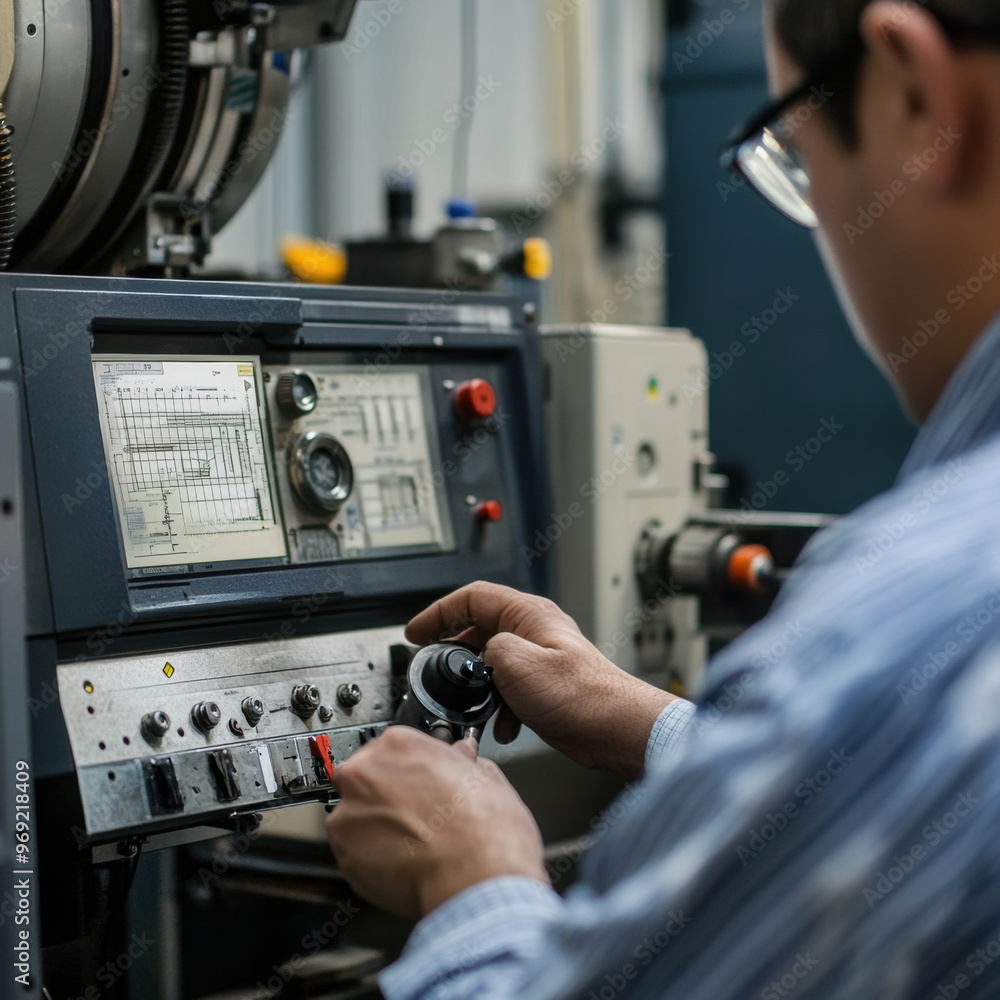 Poster engineer performing calibration checks on manufacturing machine, focusing on precision and accuracy.