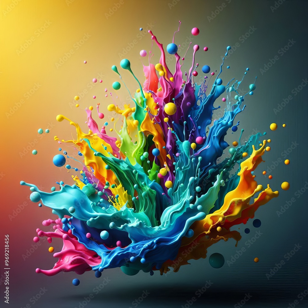 Poster dynamic and vibrant explosion of multicolored paint splashes captured in mid-air, creating a stunnin