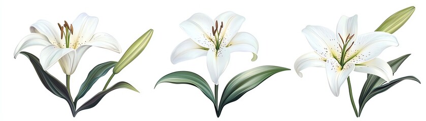 Obraz premium A stunning trio of white lilies showcasing delicate petals and vibrant green leaves, perfect for botanical illustrations.