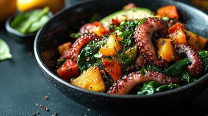 Close up of octopus salad in a bowl. Perfect for showcasing seafood dishes and culinary photography.