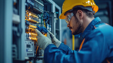 A focused engineer is testing electrical products for safety, wearing protective gear including helmet and goggles. environment is filled with intricate wiring and equipment, highlighting importance o
