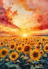 Obraz premium Vibrant Sunflower Field Bathed in Warm Sunlight at Dramatic Sunset Landscape Beautiful Pastoral Countryside with Blooming Flowers and Glowing Sky
