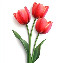 Fototapeta premium A vibrant bouquet of three red tulips with lush green leaves, perfect for adding a touch of elegance to any space.