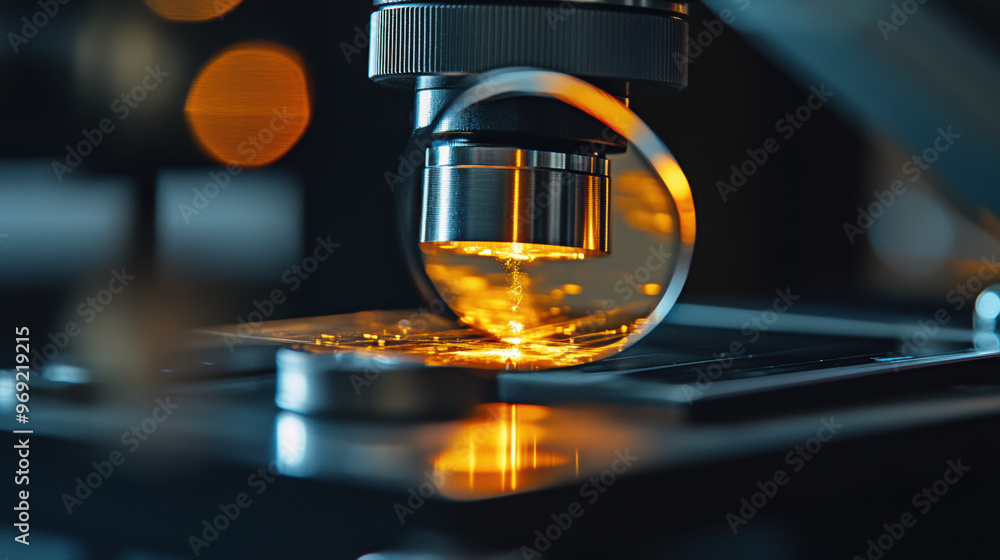 Poster a magnifying glass is focused on tiny defect in material, showcasing intricate details and textures.