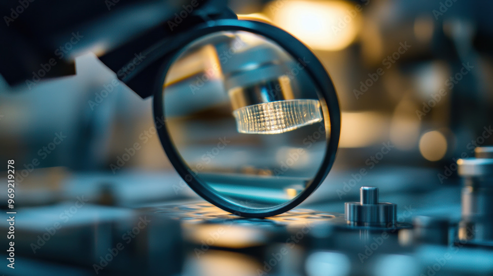 Aufkleber a magnifying glass focuses on tiny defect, showcasing intricate details in scientific setting. image