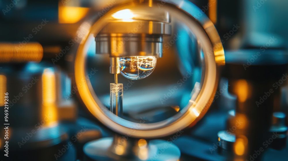 Poster a magnifying glass focuses on tiny defect in scientific setup, showcasing intricate details and prec