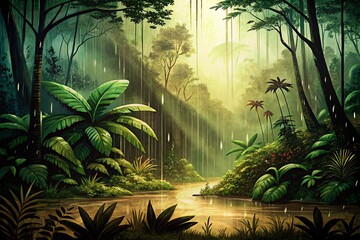 Naklejka premium A quiet grove in the rainforest, with the sound of rain gently pattering on leaves.
