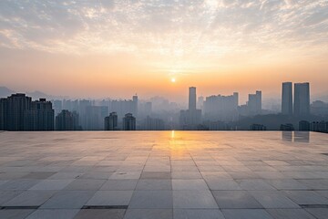 Obraz premium Empty square floors and city skyline with modern buildings in Chongqing at sunrise with generative ai