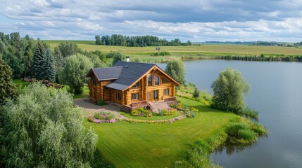 A beautiful log cabin surrounded by green grass, flowers, and trees on the edge of an area 