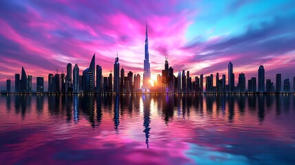 Obraz premium The Dubai skyline glistens at sunset, its reflection shimmering across calm waters.