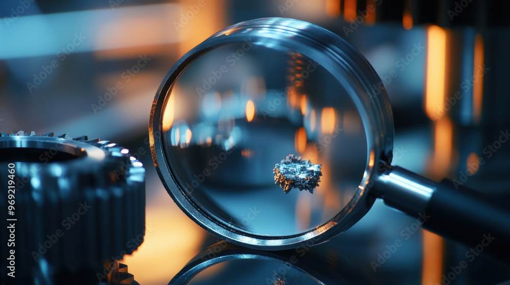 Aufkleber a magnifying glass focuses on tiny defect in metallic surface, showcasing intricate details and text