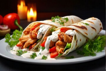 Shawarma sandwich gyro fresh roll of lavash pita bread chicken beef shawarma falafel RecipeTin Eatsfilled with grilled meat, mushrooms, cheese. Traditional Middle Eastern snack. On wooden backgroun