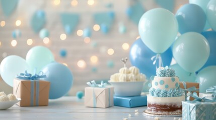 A beautifully decorated baby shower for a boy, featuring blue balloons, a cake, and presents
