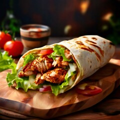 Shawarma sandwich gyro fresh roll of lavash pita bread chicken beef shawarma falafel RecipeTin Eatsfilled with grilled meat, mushrooms, cheese. Traditional Middle Eastern snack. On wooden backgroun