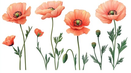 A vibrant collection of orange poppy flowers showcasing their delicate petals and lush green foliage against a clean background.