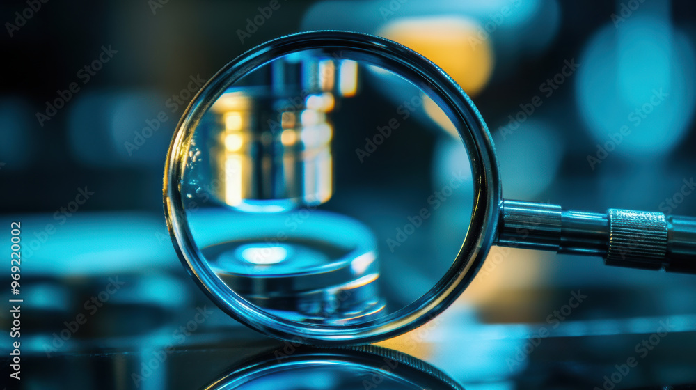 Aufkleber a magnifying glass focuses on tiny defect, showcasing intricate details and precision in scientific 