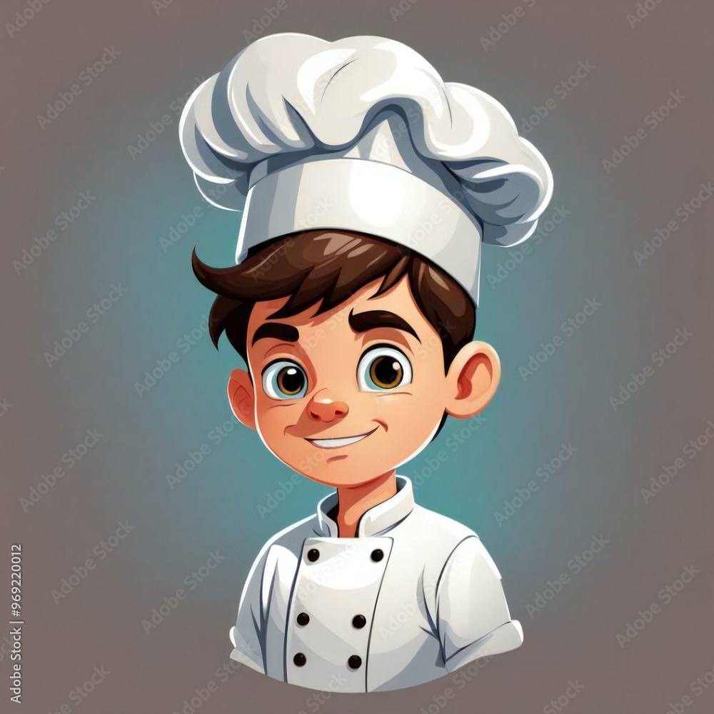 Wall mural chef boy cooking vegetables in a pan. vector illustration of a cartoon character.