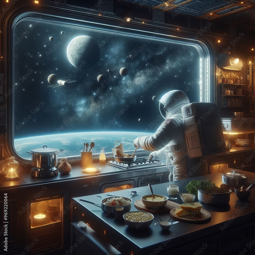 Poster an astronaut cooking in a space station kitchen with a stunning view of planets and stars through a 
