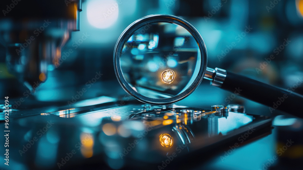 Aufkleber a magnifying glass focuses on tiny defect in metallic surface, showcasing precision and attention to