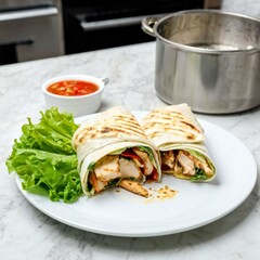 Shawarma sandwich gyro fresh roll of lavash pita bread chicken beef shawarma falafel RecipeTin Eatsfilled with grilled meat, mushrooms, cheese. Traditional Middle Eastern snack. On wooden backgroun