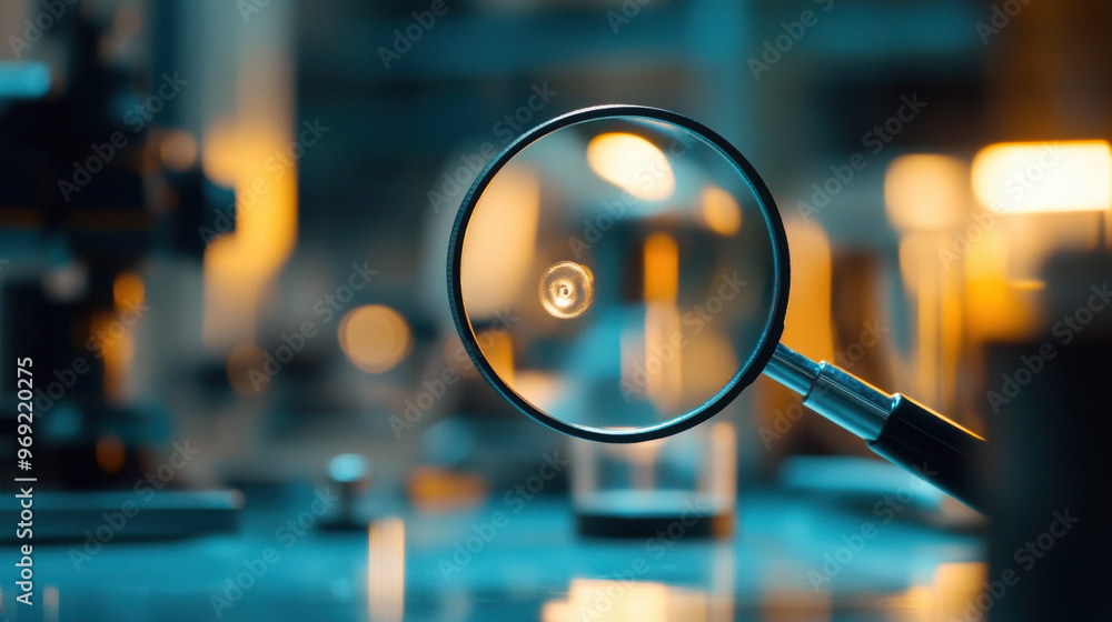 Poster a magnifying glass focuses on tiny defect in laboratory setting, highlighting intricate details. sof