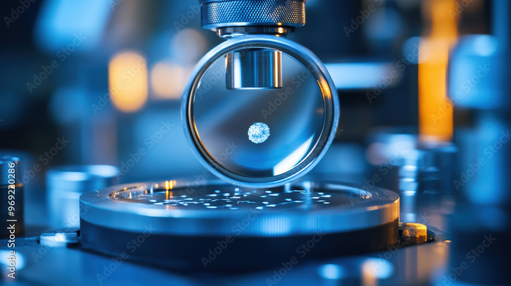 Poster a magnifying glass focuses on tiny defect in material, showcasing intricate details in laboratory se