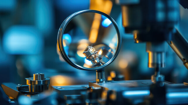 A magnifying glass focuses on tiny defect in metal component, showcasing precision in workshop environment. blue lighting adds modern touch to scene
