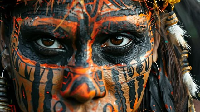 Indigenous warrior displays intricate face paint during ceremonial gathering in the Amazon rainforest
