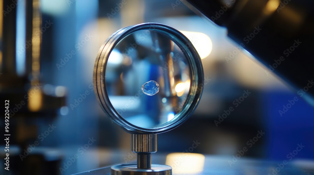 Aufkleber a magnifying glass focuses on tiny defect, showcasing intricate details in scientific setting. image