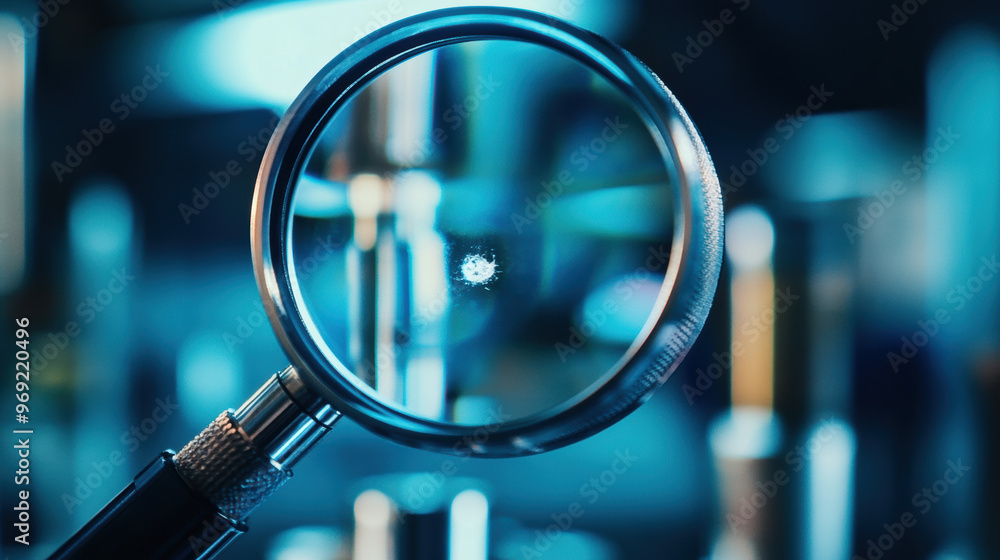 Poster a magnifying glass focuses on tiny defect, showcasing intricate details in blurred background. this 