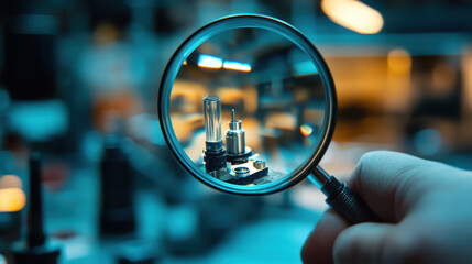 A magnifying glass focuses on tiny defect in mechanical component, showcasing precision and attention to detail in laboratory setting. image conveys sense of curiosity and meticulousness