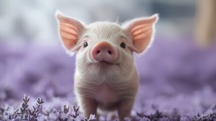 A dwarf piglet with a wrinkled snout standing on a lavender backdrop