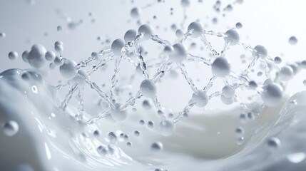 A DNA structure floating within a splash of milk on a white background, representing scientific discovery and food technology