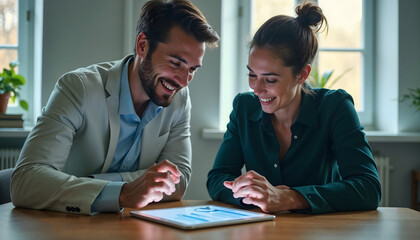 Two professionals enjoying a collaborative moment, smiling while discussing on a tablet in a bright, modern workspace with plants.
