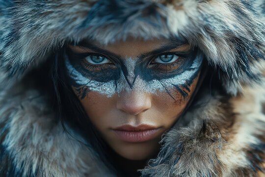 intense closeup of a fierce warrior woman with intricate face paint adorned in wolf fur embodying strength and primal power