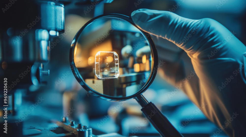 Poster a magnifying glass is focused on tiny defect in man made object, showcasing intricate details under 