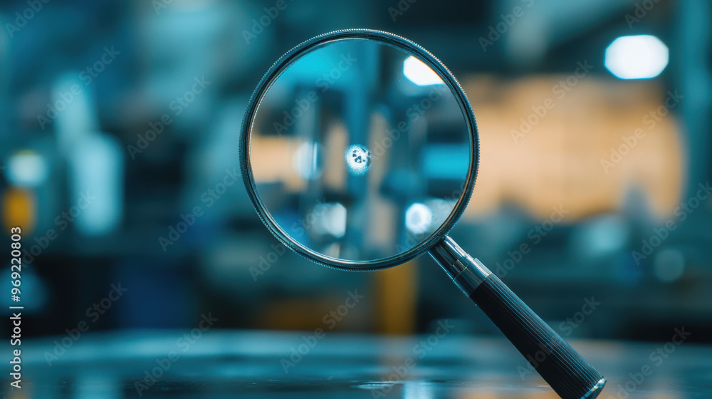 Poster a magnifying glass focuses on tiny defect, showcasing intricate details in workshop environment. ima