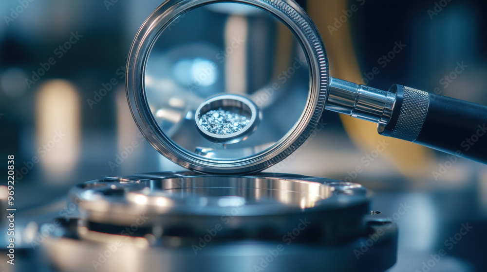Poster a magnifying glass focuses on tiny defect in metallic surface, showcasing precision and attention to
