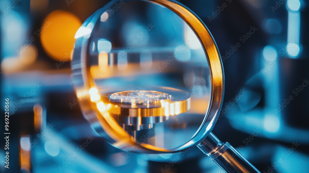 Poster a magnifying glass focuses on tiny defect in metallic object, showcasing intricate details and refle