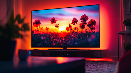 TV mockup backlighting color, Modern designed furniture in livingroom with led backlight