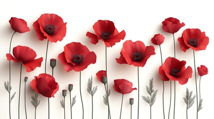 Beautiful collection of vibrant red poppy flowers arranged elegantly against a clean white background.
